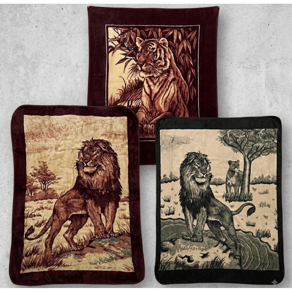 Lot of 3 Vintage San Marcos Mexico Animal Plush Fleece  Blankets Lions Tiger